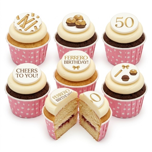 Ferrero Rocher themed birthday cupcakes with wafer sticks, chocolate truffles, and a custom age topper.