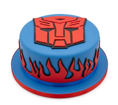 Round blue fondant cake with a red and black Transformers Autobot logo and red flames.
