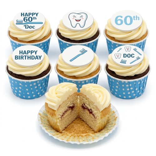 Six dental theme birthday cupcakes with smiling tooth, toothbrush, and custom age toppers.