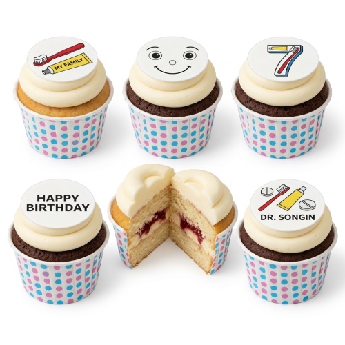 Vanilla and chocolate cupcakes with white frosting, decorated with edible toppers featuring a happy face, red toothbrush, yellow toothpaste, white pills, and a custom age topper.