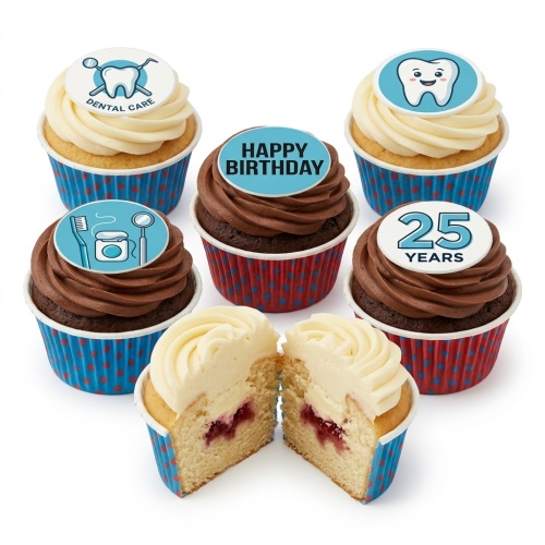 Dental theme cupcakes with various toppers including a tooth, dental tools, 'Happy Birthday', and '25 Years' text.
