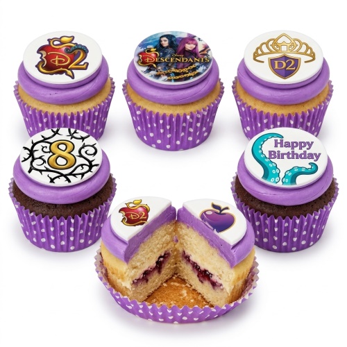 Set of Disney Descendants themed cupcakes with purple frosting and edible character and logo toppers, including a custom age '8' and 'Happy Birthday' message.