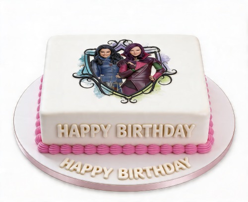 Square white birthday cake with Disney Descendants Mal and Evie edible image and pink piping.