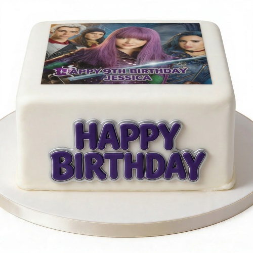 White square birthday cake with an edible image of Disney Descendants characters on top and purple 'Happy Birthday' lettering on the side.