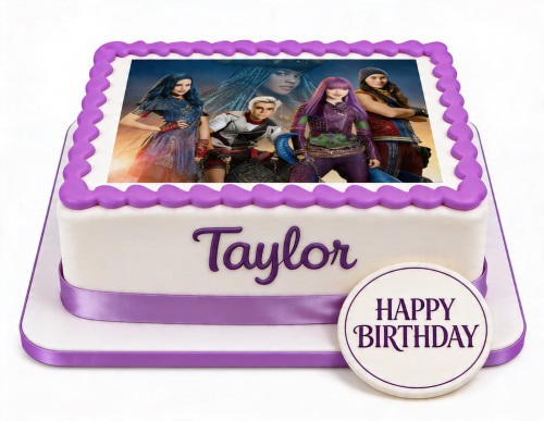 Square white Descendants birthday cake with purple piping, character edible image, personalised name, and "Happy Birthday" plaque.