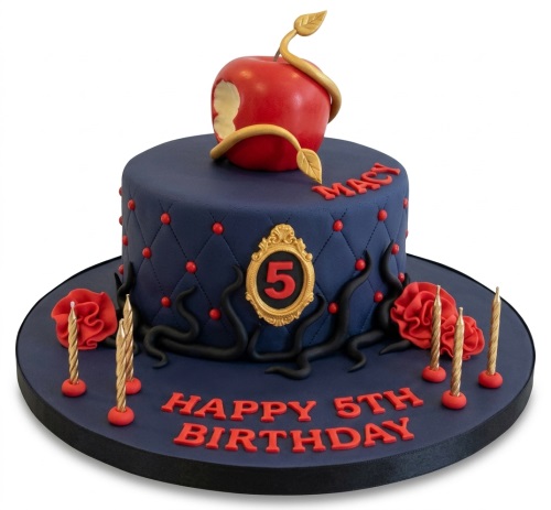 Dark blue fondant cake with bitten red apple, gold frame with custom age, red roses, and black vine details.