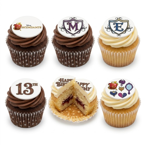 A selection of Disney Descendants themed cupcakes with chocolate and vanilla frosting and customisable edible toppers.