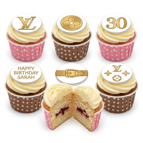 Louis Vuitton inspired cupcakes with white frosting, gold LV logos, monogram, and belt buckle toppers, in pink and brown polka dot wrappers, with custom age and name examples.