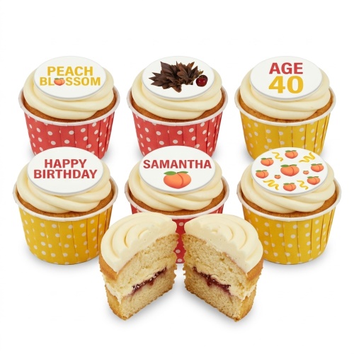 Cupcakes with white frosting, peach blossom, peach illustrations, chocolate curls, and custom age/message toppers.