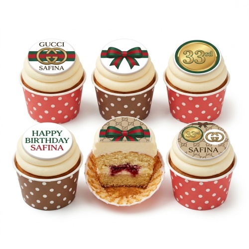 Gucci style birthday cupcakes with red and green bows, designer logos, and custom age topper.