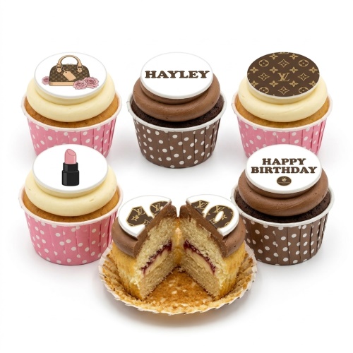 Luxury designer-inspired birthday cupcakes with handbag, lipstick, and custom message toppers.