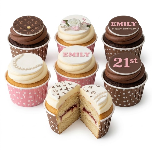 Luxury designer inspired cupcakes with floral, pearl, and custom age and name toppers.