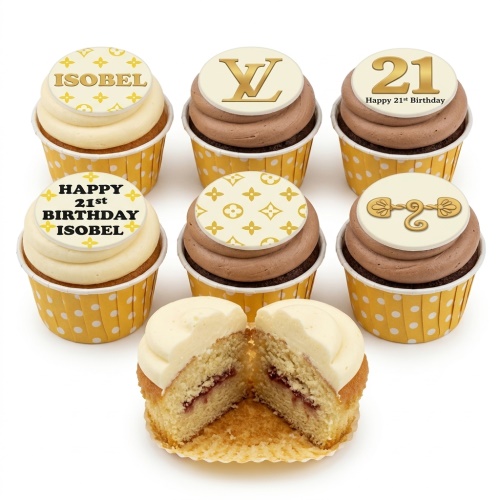 Six Louis Vuitton inspired cupcakes with gold LV logos, monogram patterns, and custom age and name toppers on white and chocolate frosting.