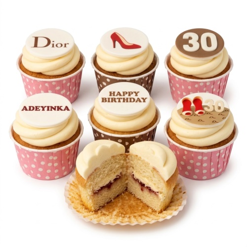Six designer fashion birthday cupcakes with white frosting, red high heel, Dior logo, and custom age topper.