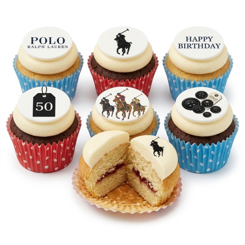 Polo Ralph Lauren themed birthday cupcakes with polo player logos, "Happy Birthday" message, and a custom age tag.