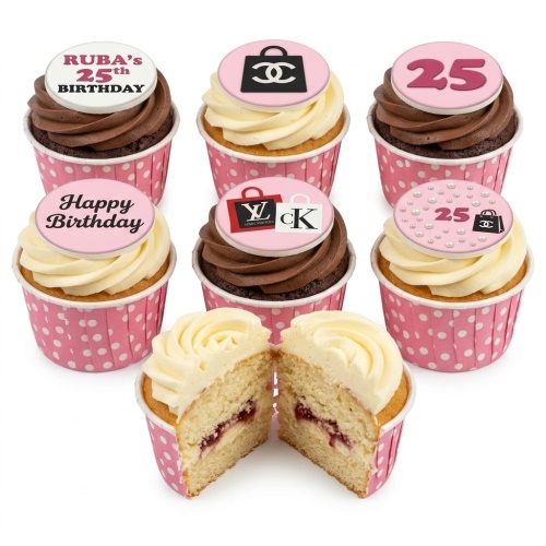 Cupcakes with pink wrappers, designer bag logos, pearls, and custom age toppers.