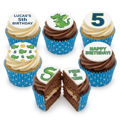 Dragon themed birthday cupcakes with green dragons, number five, and "Happy Birthday" messages.