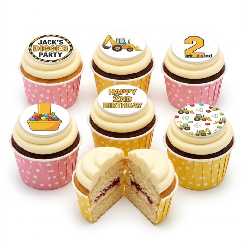 Digger theme birthday cupcakes with excavator toppers and custom age options.