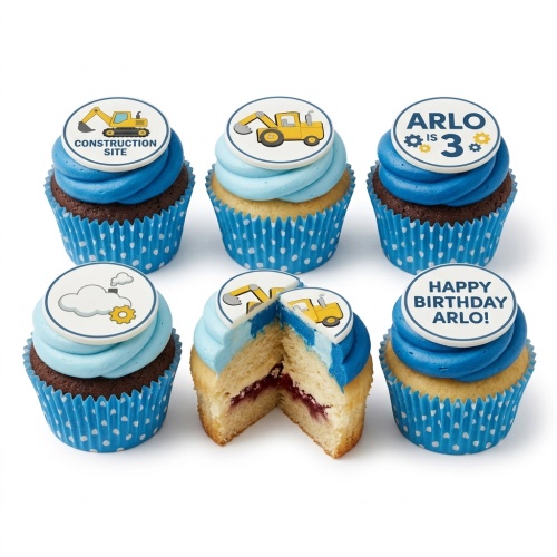 Construction site cupcakes with digger toppers and blue frosting, featuring custom age and personalised message.