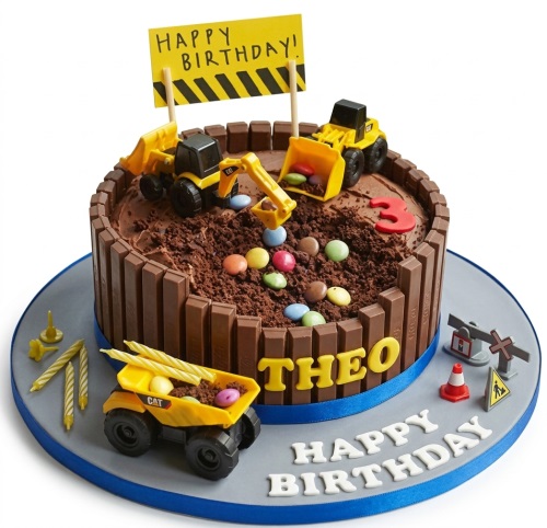 Round chocolate construction birthday cake with digger toys, KitKat fence, and custom age topper.
