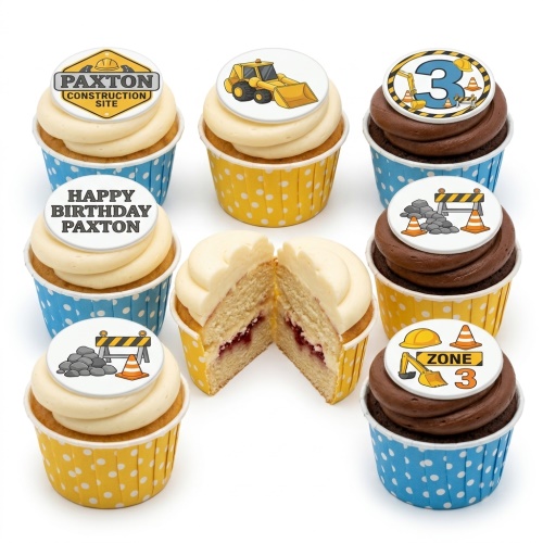 Construction theme cupcakes with diggers, traffic cones, hard hats, and a custom age topper.