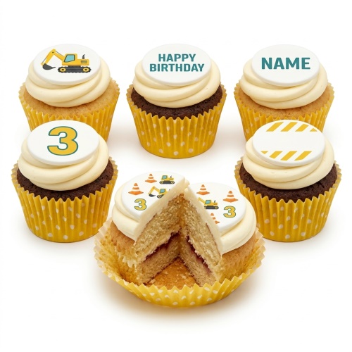 Digger and construction themed birthday cupcakes with custom age and name toppers.