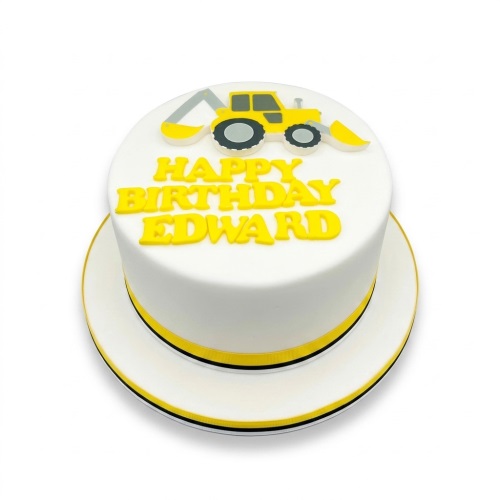 White round birthday cake with a yellow digger topper and 'Happy Birthday' message.