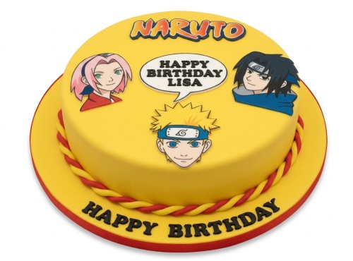 Round yellow Naruto themed birthday cake with Naruto, Sakura, and Sasuke characters, a Naruto logo, and a red and yellow rope border.
