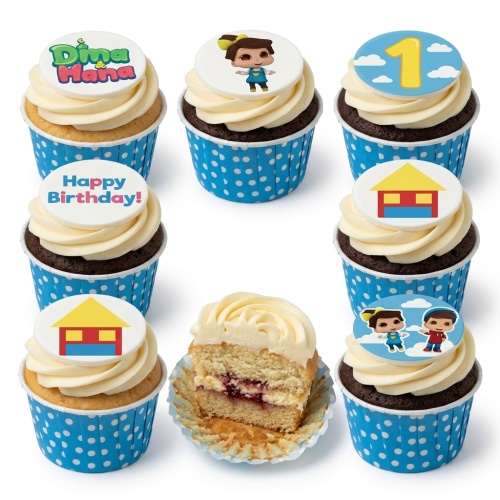 Cupcakes with white frosting and blue polka dot wrappers, topped with edible discs featuring Dina Mana cartoon characters, a house, and customisable birthday messages.
