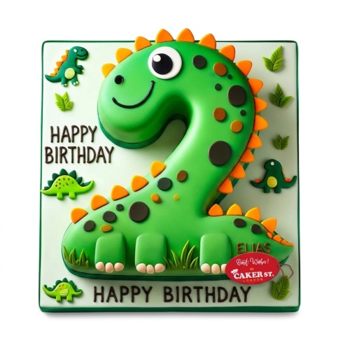 Green dinosaur shaped number 2 birthday cake with small dinosaur decorations and personalised name.