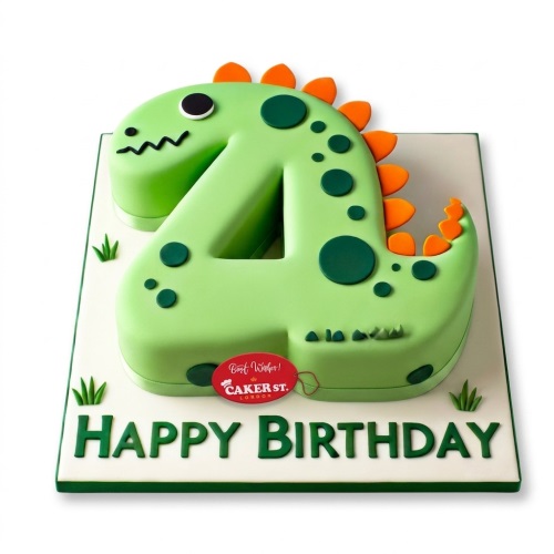 Green dinosaur number 4 birthday cake with orange spikes and 'Happy Birthday' message.