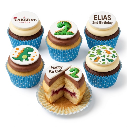Dinosaur themed birthday cupcakes with various dinosaur toppers and custom age option.