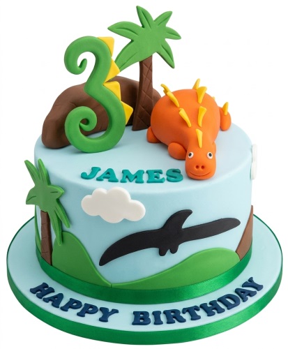 Light blue dinosaur birthday cake with orange dinosaur, palm trees, custom age topper, and personalised name.