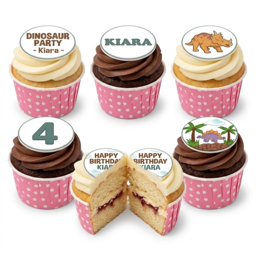 Dinosaur themed cupcakes with custom age and name toppers, in pink polka dot cases with vanilla and chocolate frosting.
