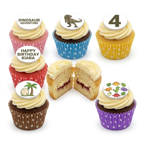 A selection of dinosaur-themed birthday cupcakes with white frosting and various coloured cases, including a custom age topper and personalised message example.