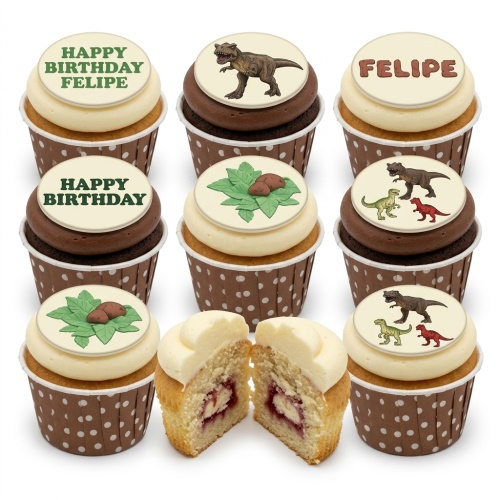 Dinosaur birthday cupcakes with edible T-Rex, baby dinosaurs, and personalised message toppers.