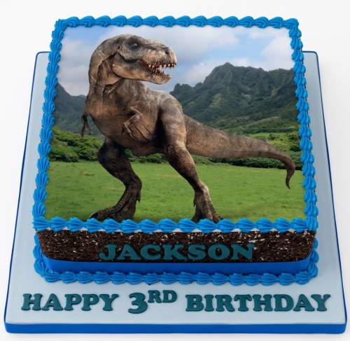 Rectangular dinosaur birthday cake with T-Rex edible image, blue icing, and custom message.