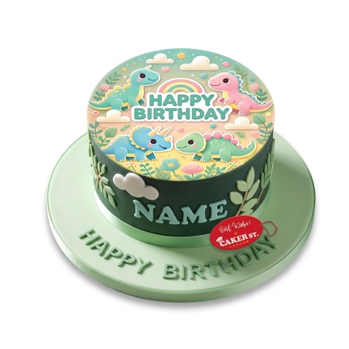 Round green dinosaur birthday cake with cartoon dinosaurs, rainbow, clouds, and customisable name area.