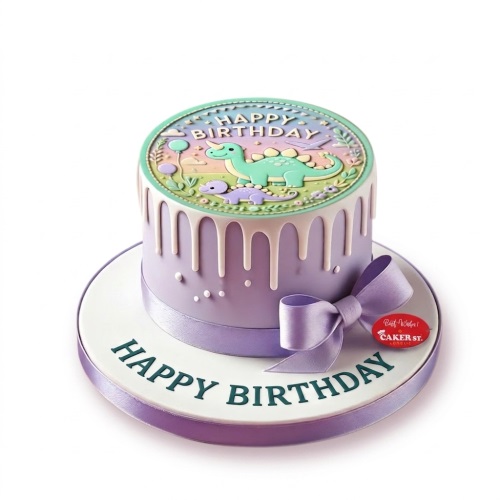 Round lavender drip cake with a green dinosaur topper and "Happy Birthday" text.
