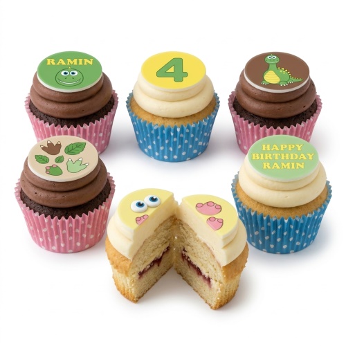Set of kids dinosaur and monster themed birthday cupcakes with custom age and personalised message toppers.