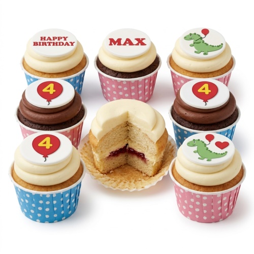 Assortment of dinosaur themed birthday cupcakes with custom age and name toppers.