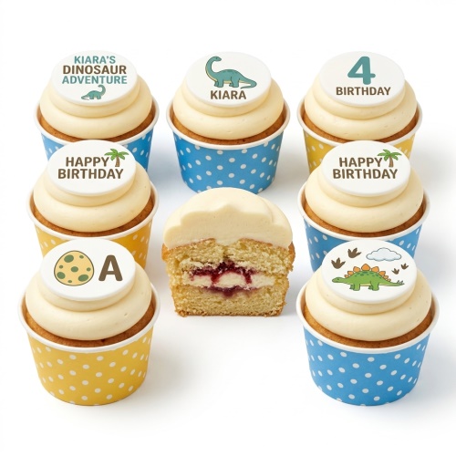 Dinosaur themed birthday cupcakes with custom age and name toppers, in blue and yellow cases.