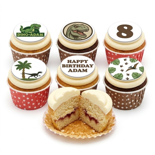 Dinosaur theme birthday cupcakes with custom age topper and various dino designs.