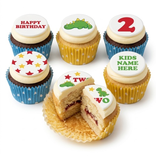 Assortment of kids' birthday cupcakes with dinosaur, star, and custom age/name toppers.