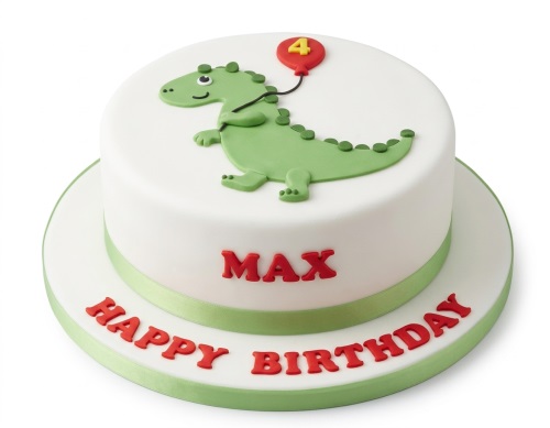 White round birthday cake with a green dinosaur, red custom age balloon, and personalised name.