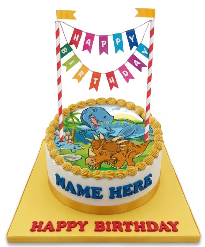 Round white birthday cake with a dinosaur scene, yellow piped border, and a "Happy Birthday" banner.