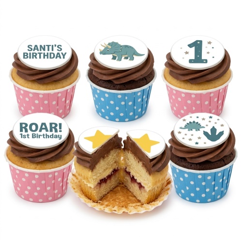 Dinosaur birthday cupcakes with dinosaur toppers, number 1, and personalised messages in blue and pink cases.