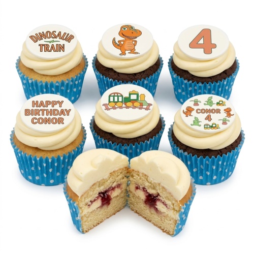 Dinosaur and train themed birthday cupcakes with custom age topper and personalised message example.