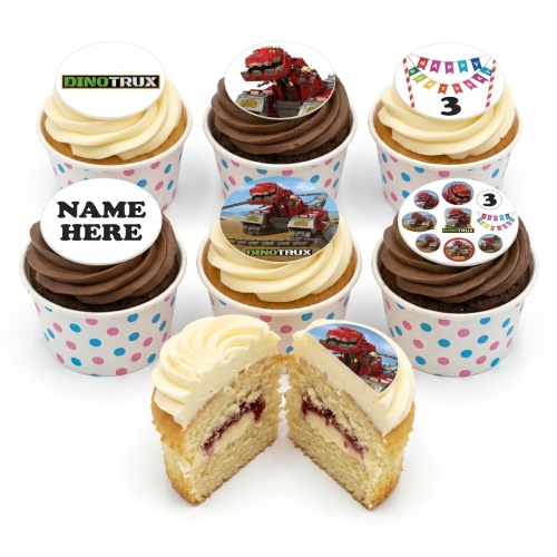 A selection of Dinotrux themed cupcakes with vanilla and chocolate frosting, featuring Dinotrux character edible toppers and custom age/name options.