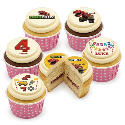 Dinotrux themed cupcakes with character, construction tool, custom age, and personalised message toppers.